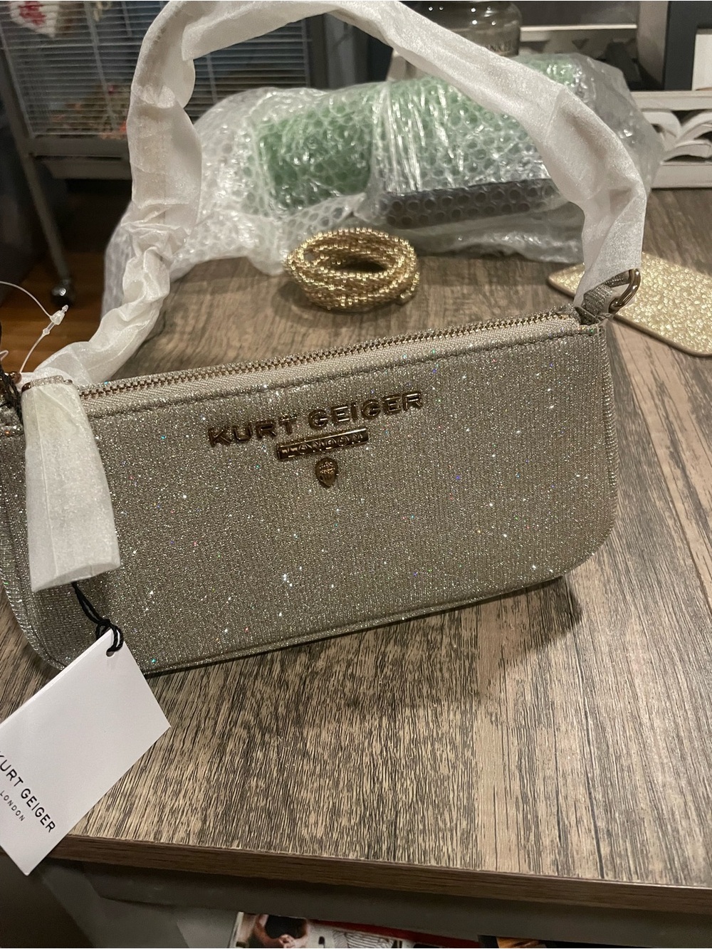 Kurt Geiger glitter mini shoulder bag in champagne gold